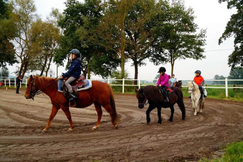 Crianças do campo de férias equitação a montar vários cavalos em círculo no picadeiro