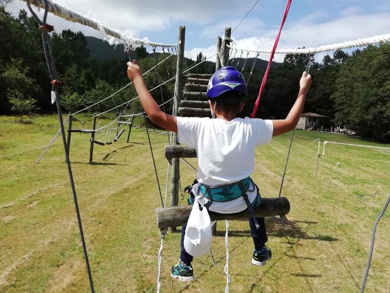 Menino sentado no percurso de arborismo no campo de férias