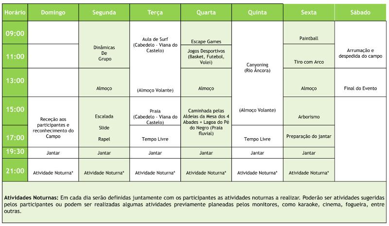 Programa semanal do campo de férias em Ponte de Lima