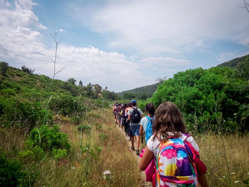 Crianças a fazer caminhada na natureza durante o campo de férias