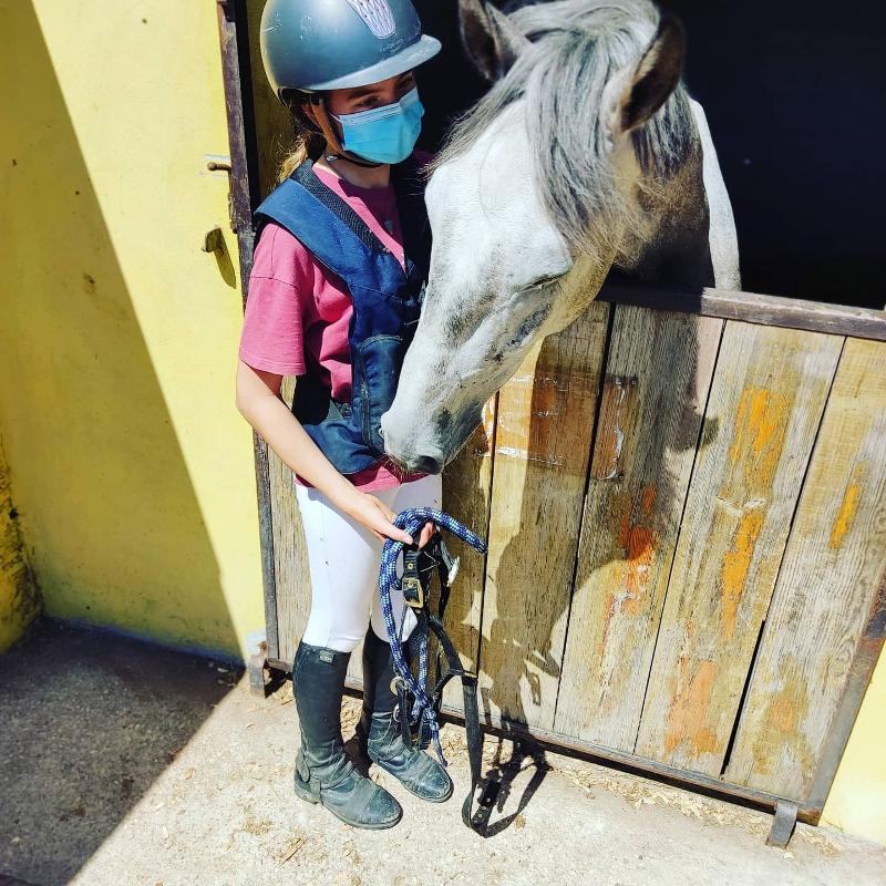 Criança feliz no campo de férias com cavalos