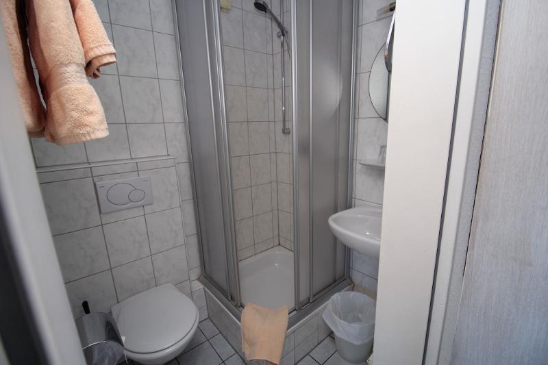 Uma casa de banho compacta e limpa com chuveiro, sanita e lavatório, ideal para uso privativo durante o curso de línguas.
