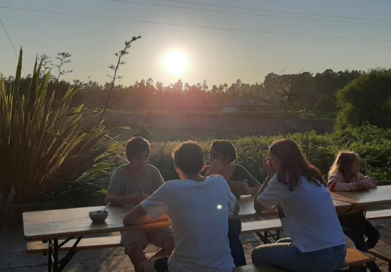 Cinco crianças convivem e falam enquanto vêm o por do sol