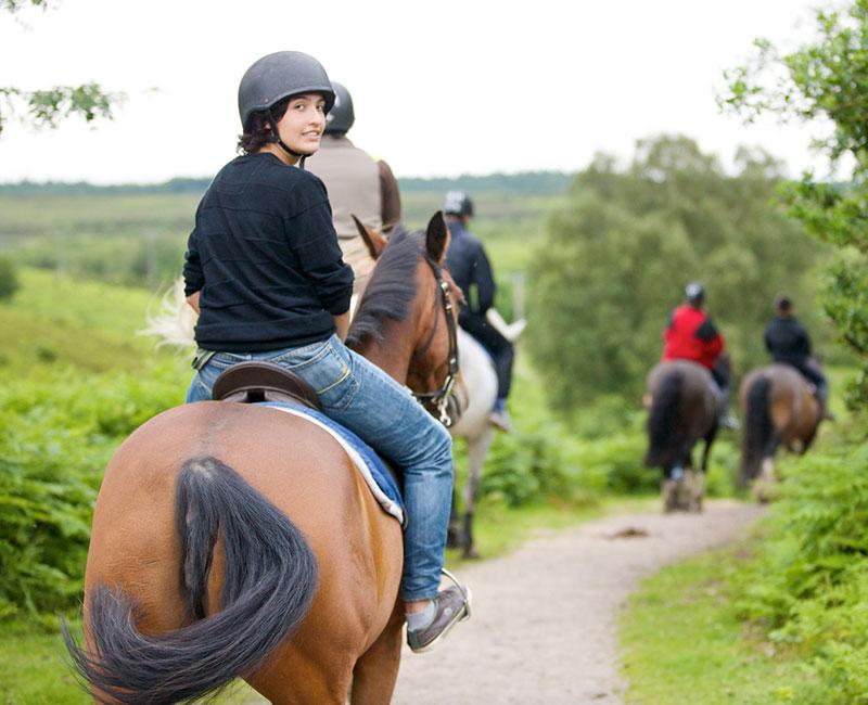 Jovens a cavalgar numa trilha ao ar livre, desfrutando de atividades durante um curso de lingua inglesa.