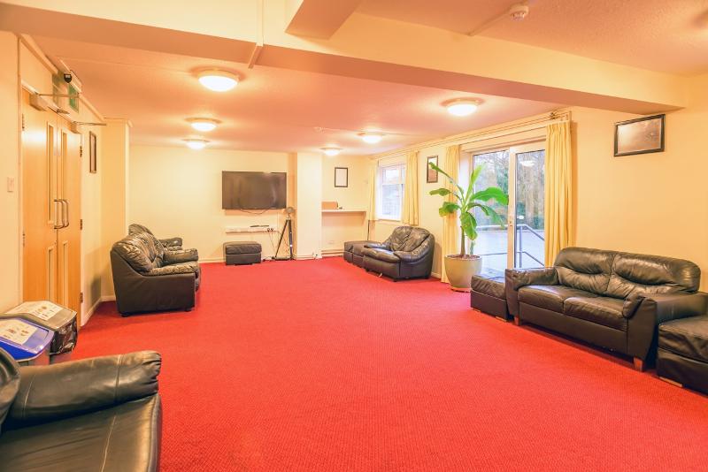 Sala de estar com sofás castanhos e tapete vermelho. 