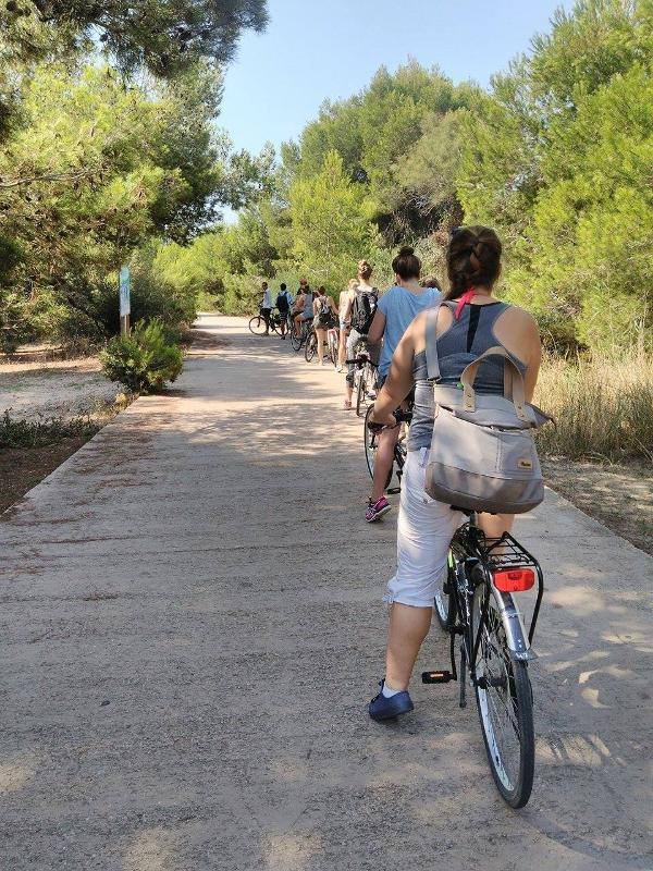 Grupo de pessoas anda de bicicleta por uma trilha rodeada de árvores como parte de um passeio integrado no curso de espanhol.