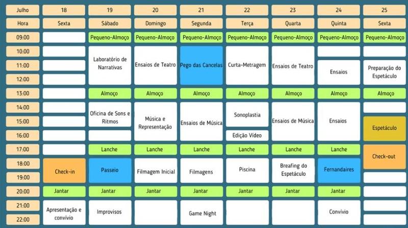 Programa semanal do campo de férias de Música para Artistas