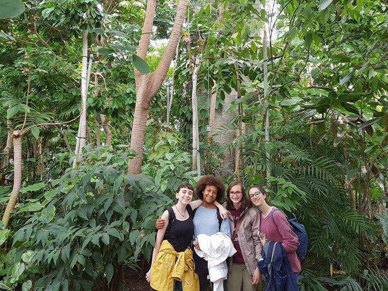 Grupo de participantes no jardim botânico, a sorrir e a aproveitar a natureza durante o seu curso de inglês na alemanha.