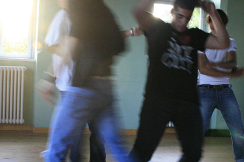 Participantes rapazes a dançar para a foto, aproveitando o momento durante o seu curso de inglês na alemanha.