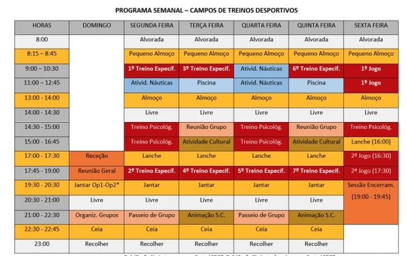 Programa de segunda-feira a sexta-feira descritivo com as diferentes atividades e horários