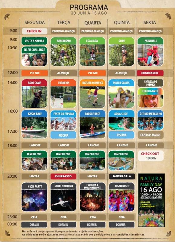 Programa semanal do campo de férias na natureza