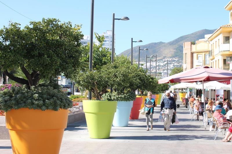 Passeio urbano com grandes vasos coloridos e cafés ao ar livre, perfeito para explorar durante um curso de lingua espanhola.