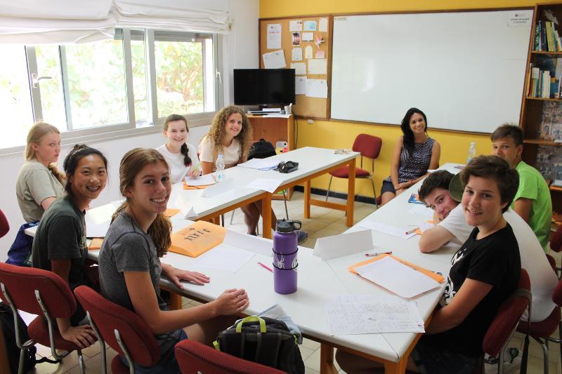 Grupo de estudantes sorridentes sentados numa sala de aula, prontos para aprender durante um curso de espanhol.