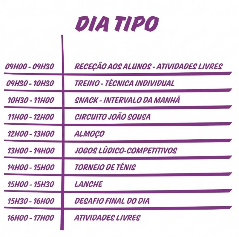 Programa detalhado do horário do campo de férias de ténis de Verão em Cascais