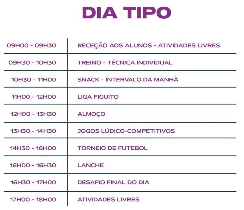 Programa detalhado do horário do campo de férias de futebol da Páscoa