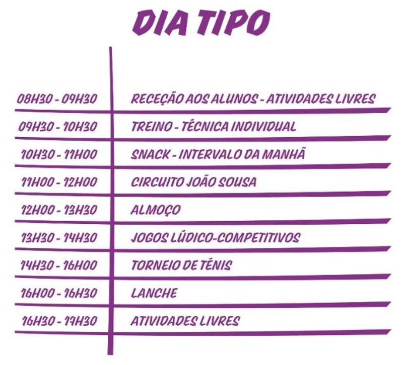 Programa detalhado do horário do campo de férias de ténis da Páscoa