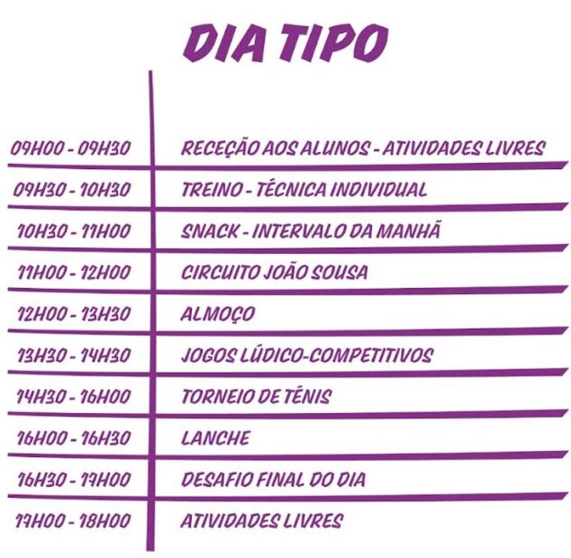 Programa detalhado do horário do campo de férias de ténis da Páscoa Viseu