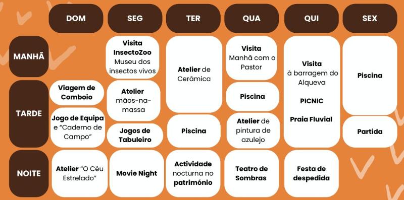Programa detalhado das atividades do campo de férias no Património no Alentejo