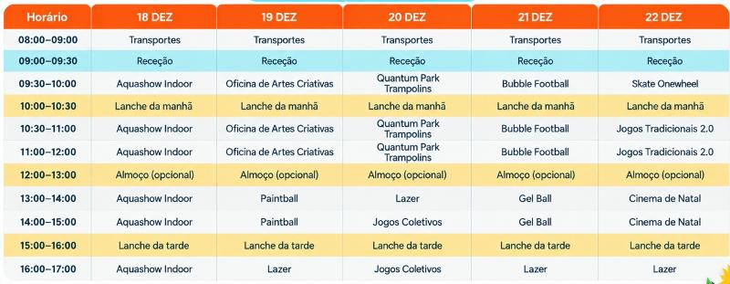horário e plano de atividades do campo de férias natal radical no algarve