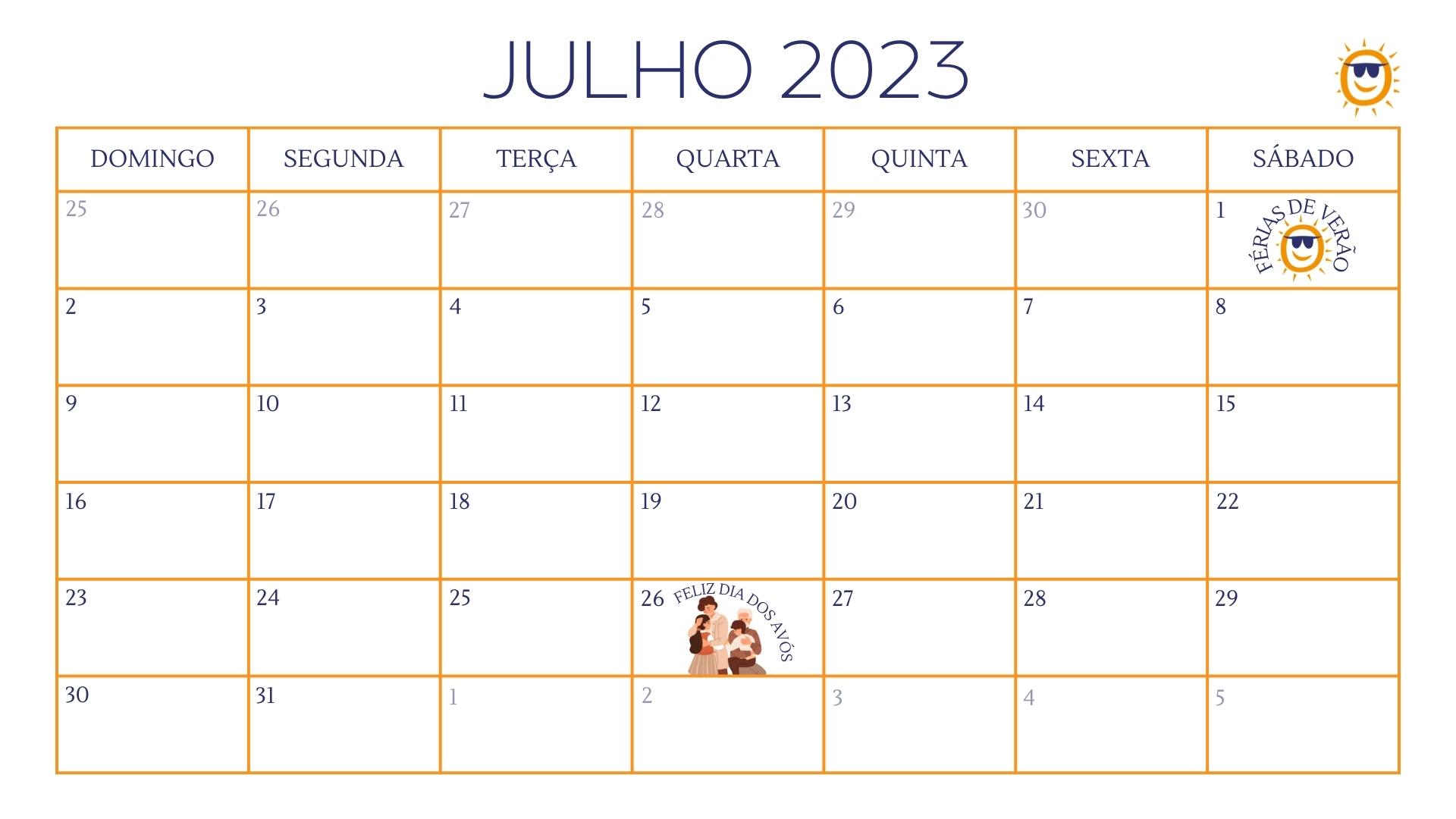 calendário escolar de julho