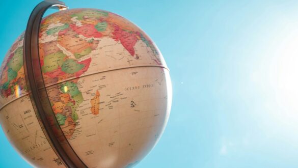 Globo terrestre destacando a África e Ásia, simbolizando a experiência de estudar no estrangeiro